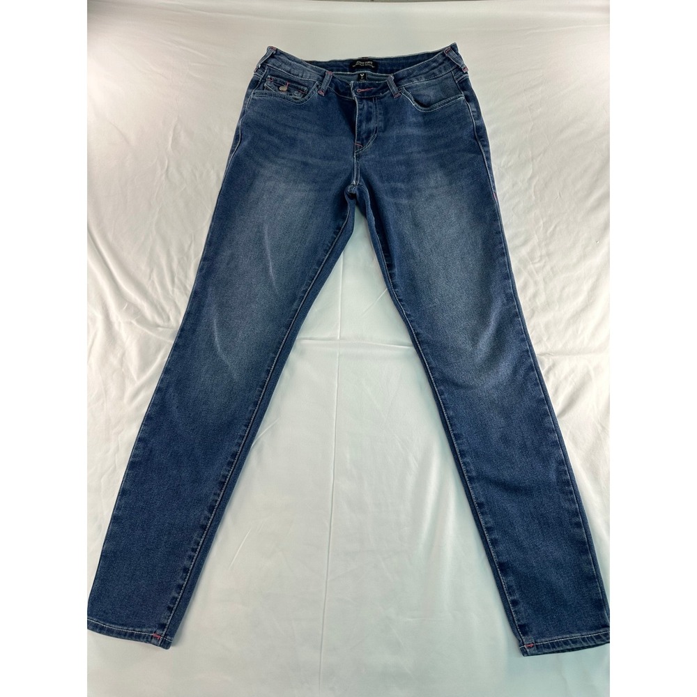True Religion Jennie Curvy Mid Rise Super Skinny Capri Jeans Blue Red Stitch 27
